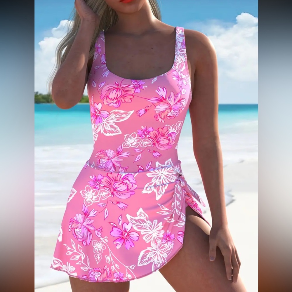 NEW 1 Piece Swim Dress, Floral Pink -#SW-D1-0099